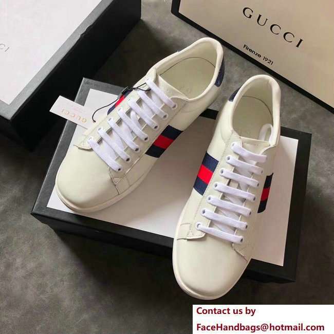 Gucci Ace Leather Low-Top Lovers Sneakers Blue/Red Web Creamy 2018 - Click Image to Close