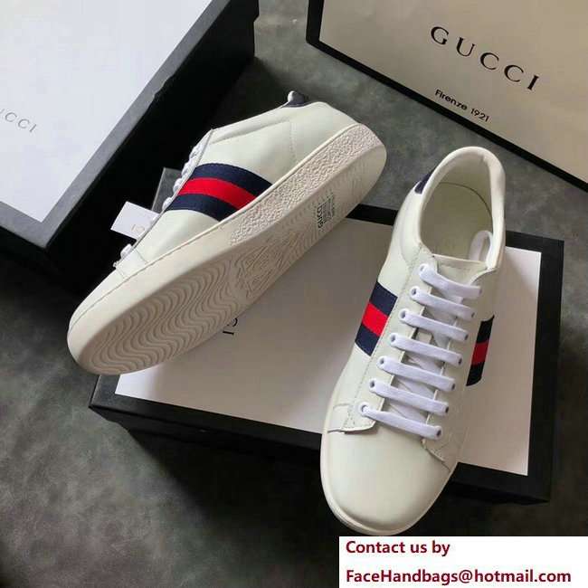Gucci Ace Leather Low-Top Lovers Sneakers Blue/Red Web Creamy 2018