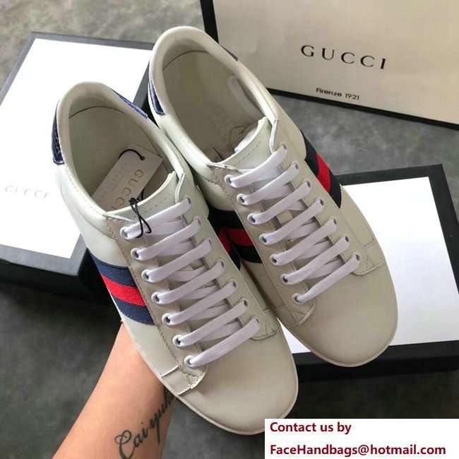 Gucci Ace Leather Low-Top Lovers Sneakers Blue/Red Web Creamy 2018 - Click Image to Close