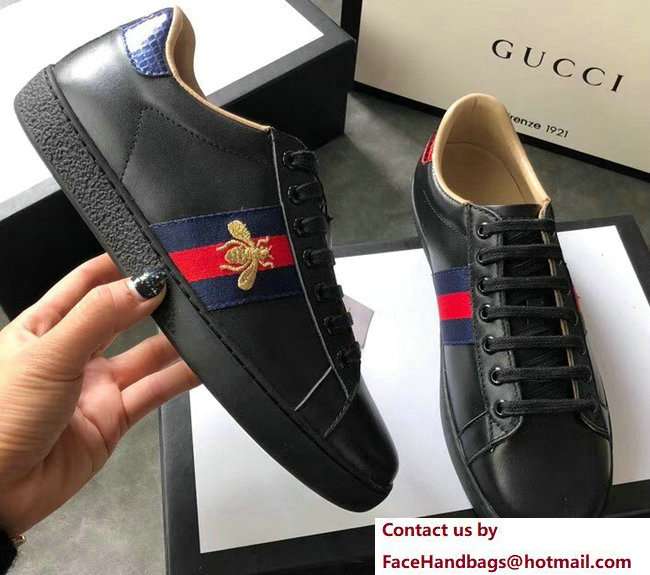 Gucci Ace Leather Low-Top Lovers Sneakers Blue/Red Web Embroidered Bee Black 2018 - Click Image to Close