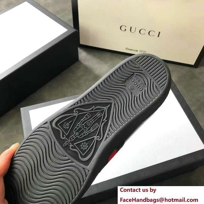 Gucci Ace Leather Low-Top Lovers Sneakers Blue/Red Web Embroidered Bee Black 2018 - Click Image to Close