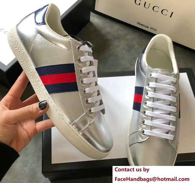 Gucci Ace Leather Low-Top Lovers Sneakers Blue/Red Web Silver 2018