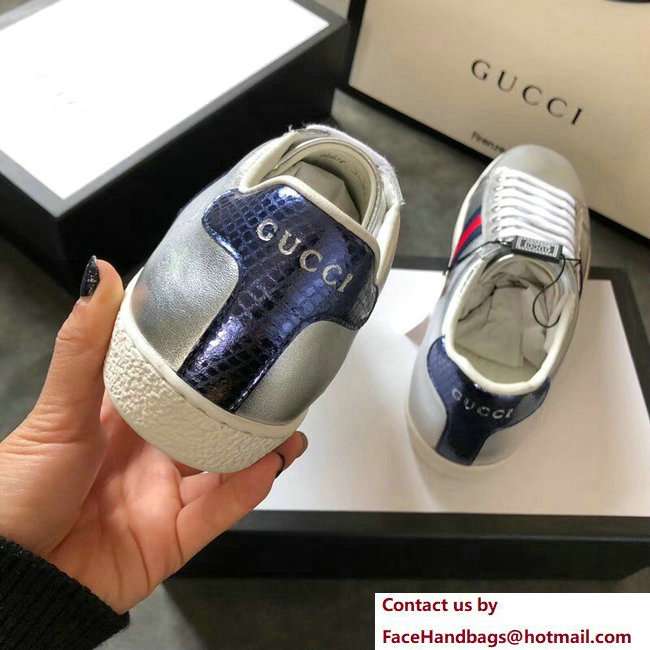 Gucci Ace Leather Low-Top Lovers Sneakers Blue/Red Web Silver 2018 - Click Image to Close