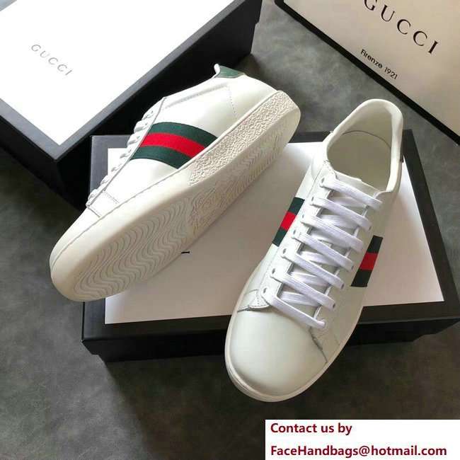 Gucci Ace Leather Low-Top Lovers Sneakers Green/Red Web Creamy 2018 - Click Image to Close