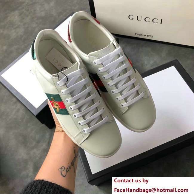 Gucci Ace Leather Low-Top Lovers Sneakers Green/Red Web Embroidered Bee Creamy 2018 - Click Image to Close