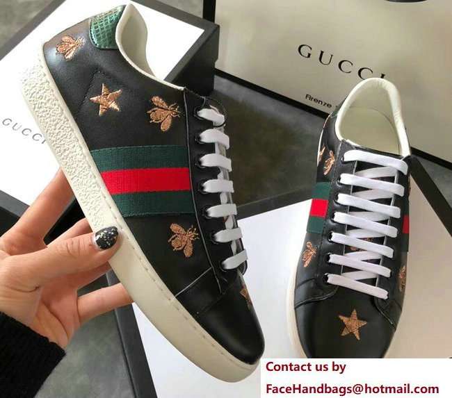 Gucci Ace Leather Low-Top Lovers Sneakers Green/Red Web Embroidered Bees and Stars Black 2018