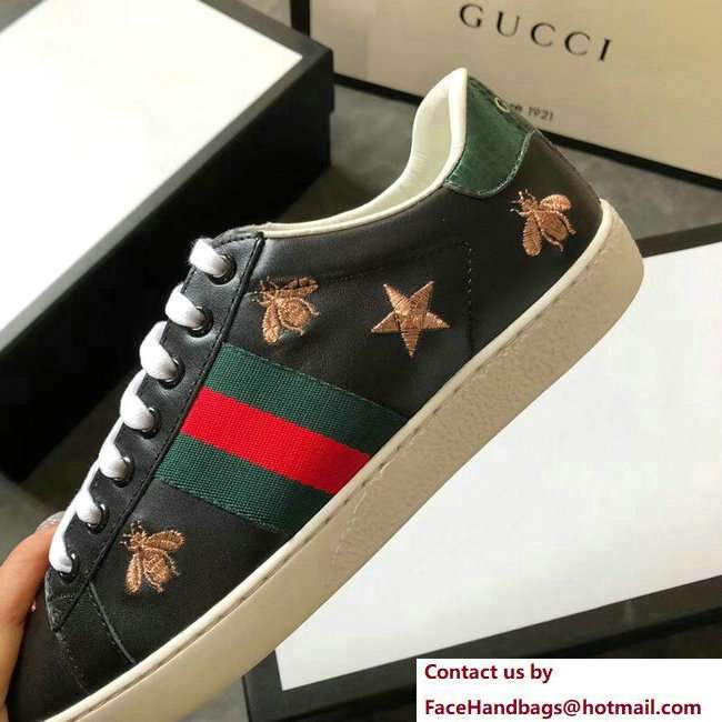 Gucci Ace Leather Low-Top Lovers Sneakers Green/Red Web Embroidered Bees and Stars Black 2018 - Click Image to Close