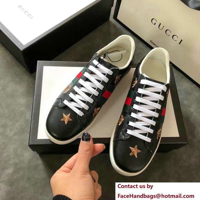 Gucci Ace Leather Low-Top Lovers Sneakers Green/Red Web Embroidered Bees and Stars Black 2018