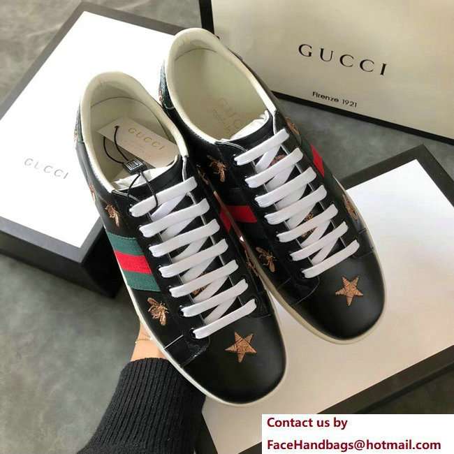 Gucci Ace Leather Low-Top Lovers Sneakers Green/Red Web Embroidered Bees and Stars Black 2018 - Click Image to Close