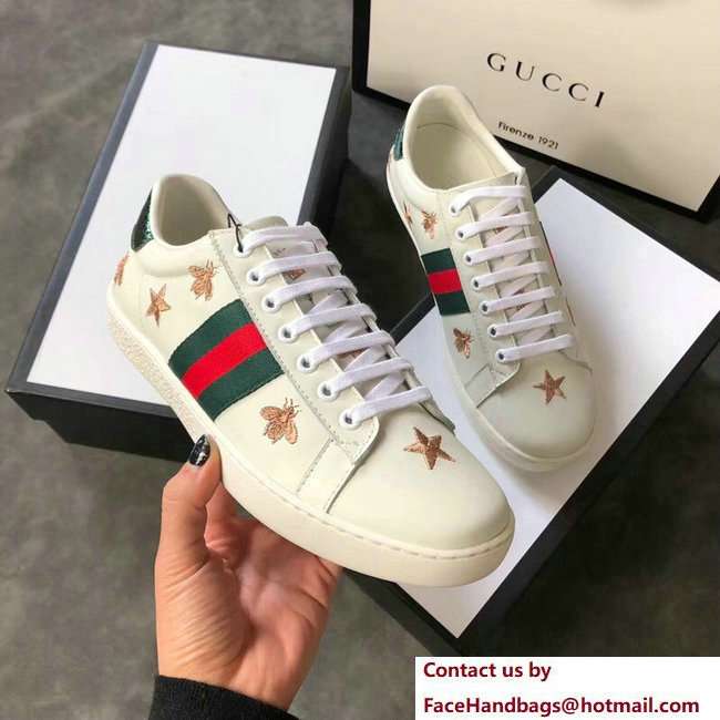 Gucci Ace Leather Low-Top Lovers Sneakers Green/Red Web Embroidered Bees and Stars Creamy 2018 - Click Image to Close