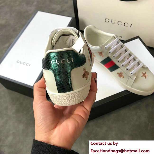 Gucci Ace Leather Low-Top Lovers Sneakers Green/Red Web Embroidered Bees and Stars Creamy 2018
