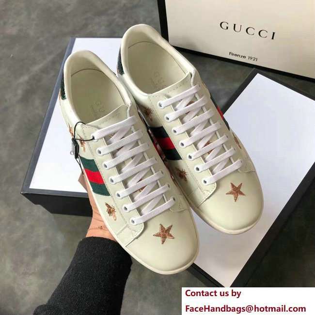 Gucci Ace Leather Low-Top Lovers Sneakers Green/Red Web Embroidered Bees and Stars Creamy 2018 - Click Image to Close