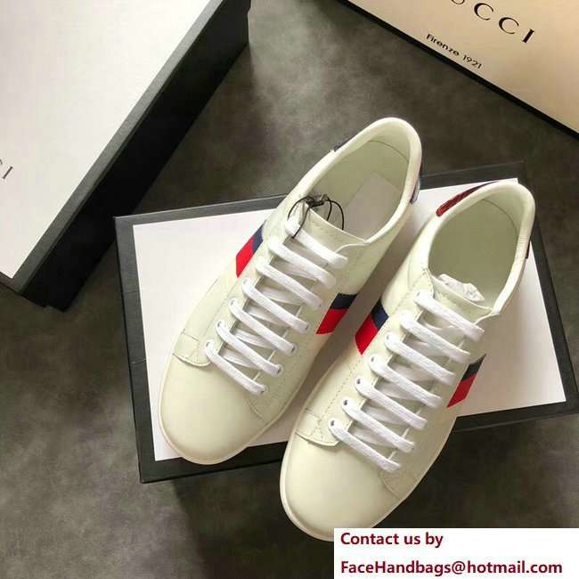 Gucci Ace Leather Low-Top Lovers Sneakers Web Creamy 2018 - Click Image to Close