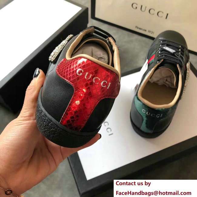 Gucci Ace Leather Low-Top Lovers Sneakers Web Crystal Embroidered Kingsnake Black 2018