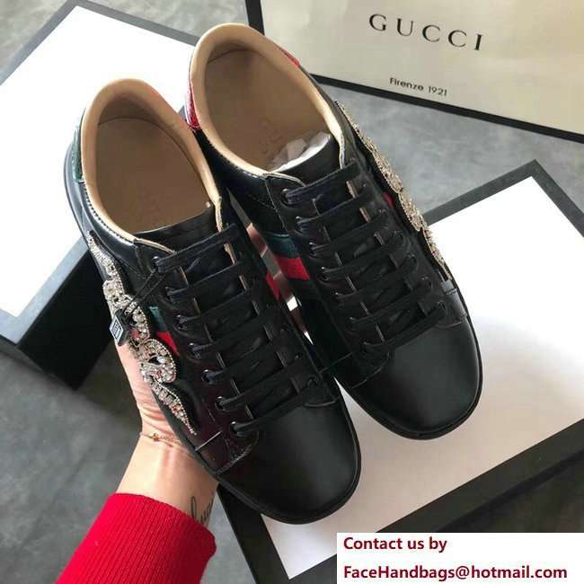Gucci Ace Leather Low-Top Lovers Sneakers Web Crystal Embroidered Kingsnake Black 2018 - Click Image to Close