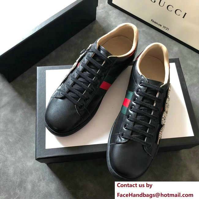 Gucci Ace Leather Low-Top Lovers Sneakers Web Crystal Embroidered Kingsnake Black 2018