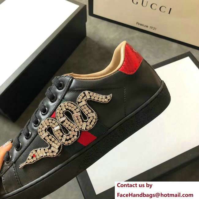 Gucci Ace Leather Low-Top Lovers Sneakers Web Crystal Embroidered Kingsnake Black 2018 - Click Image to Close
