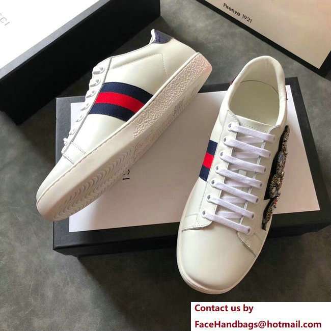 Gucci Ace Leather Low-Top Lovers Sneakers Web Crystal Embroidered Kingsnake Creamy 2018 - Click Image to Close