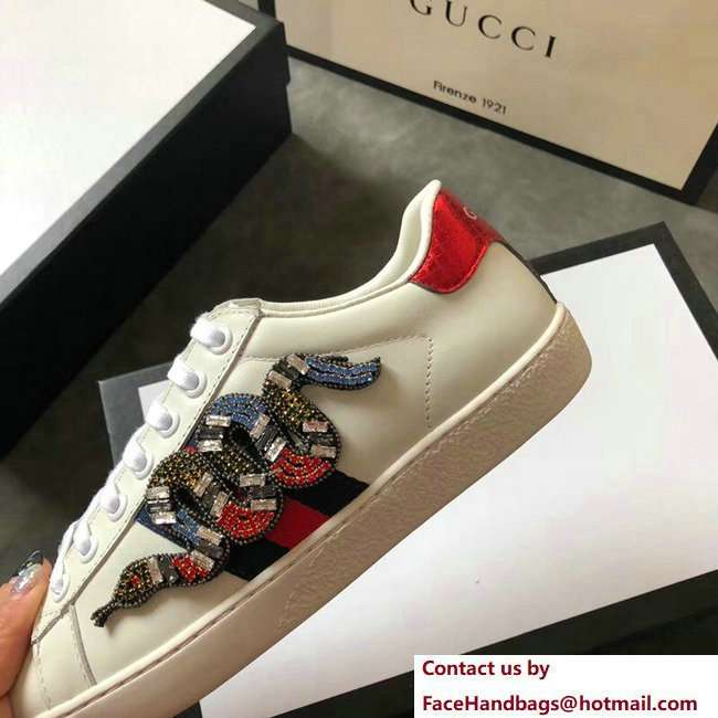 Gucci Ace Leather Low-Top Lovers Sneakers Web Crystal Embroidered Kingsnake Creamy 2018