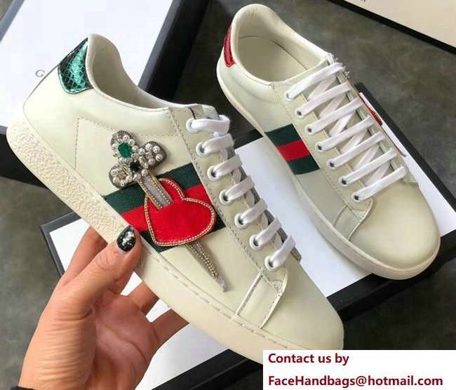 Gucci Ace Leather Low-Top Lovers Sneakers Web Crystal Embroidered Pierced Heart Creamy 2018 - Click Image to Close