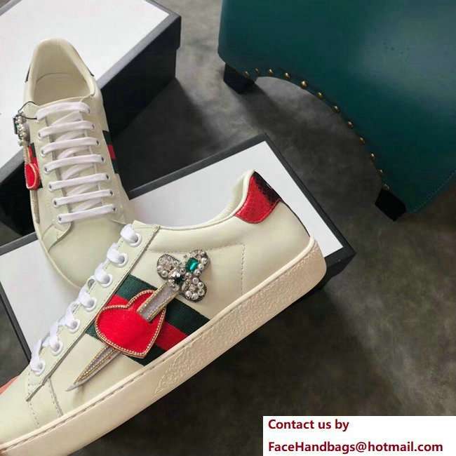 Gucci Ace Leather Low-Top Lovers Sneakers Web Crystal Embroidered Pierced Heart Creamy 2018