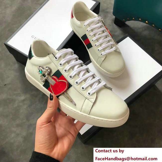 Gucci Ace Leather Low-Top Lovers Sneakers Web Crystal Embroidered Pierced Heart Creamy 2018 - Click Image to Close