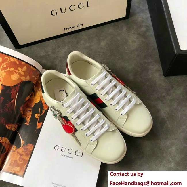 Gucci Ace Leather Low-Top Lovers Sneakers Web Crystal Embroidered Pierced Heart Creamy 2018