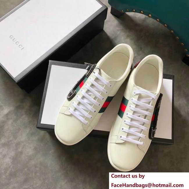 Gucci Ace Leather Low-Top Lovers Sneakers Web Crystal Embroidered Safety Pin Creamy 2018 - Click Image to Close