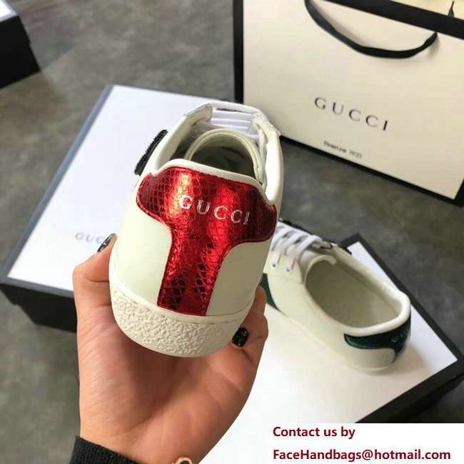 Gucci Ace Leather Low-Top Lovers Sneakers Web Crystal Embroidered Safety Pin Creamy 2018 - Click Image to Close