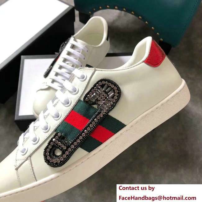 Gucci Ace Leather Low-Top Lovers Sneakers Web Crystal Embroidered Safety Pin Creamy 2018