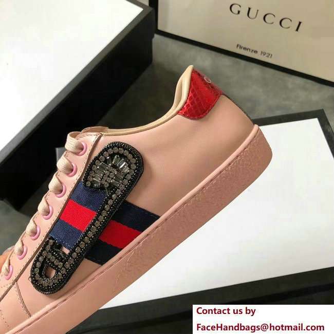 Gucci Ace Leather Low-Top Lovers Sneakers Web Crystal Embroidered Safety Pin Pink 2018 - Click Image to Close