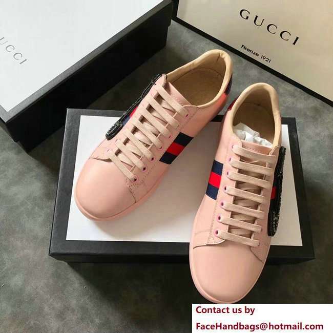 Gucci Ace Leather Low-Top Lovers Sneakers Web Crystal Embroidered Safety Pin Pink 2018 - Click Image to Close