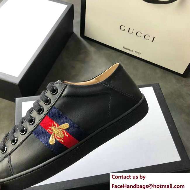 Gucci Ace Leather Low-Top Lovers Sneakers Web Embroidered Bee Black 2018 - Click Image to Close