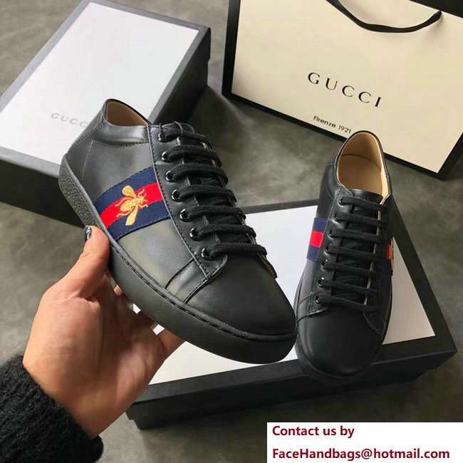Gucci Ace Leather Low-Top Lovers Sneakers Web Embroidered Bee Black 2018