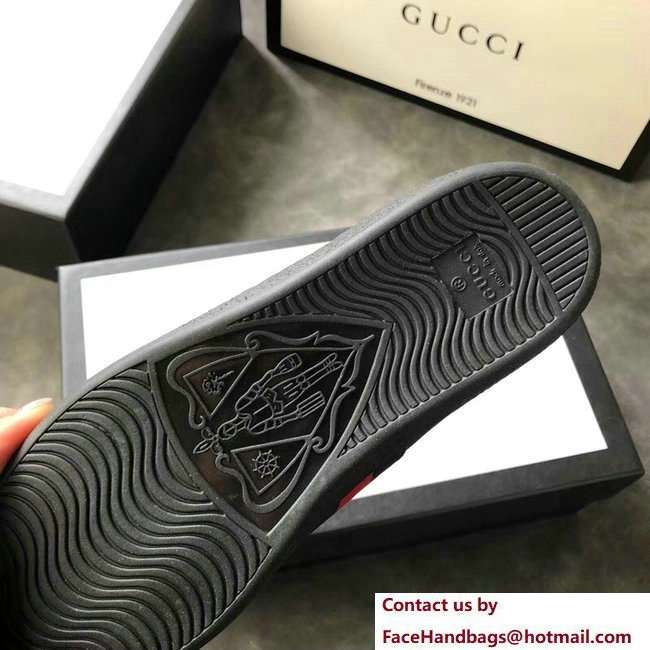 Gucci Ace Leather Low-Top Lovers Sneakers Web Embroidered Bee Black 2018 - Click Image to Close