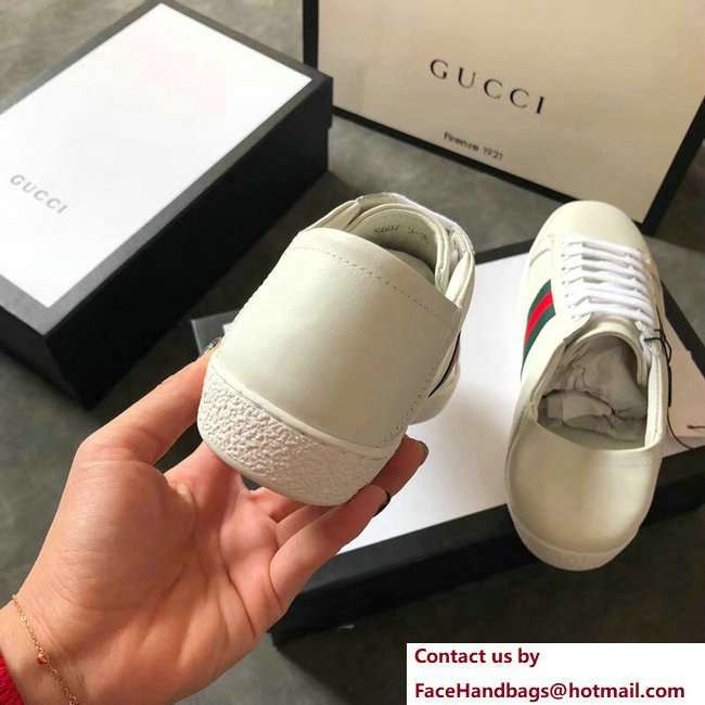 Gucci Ace Leather Low-Top Lovers Sneakers Web Embroidered Bee Creamy 2018 - Click Image to Close