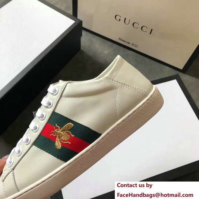 Gucci Ace Leather Low-Top Lovers Sneakers Web Embroidered Bee Creamy 2018