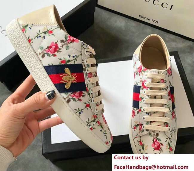 Gucci Ace Leather Low-Top Lovers Sneakers Web Embroidered Bee and Rose Print 2018