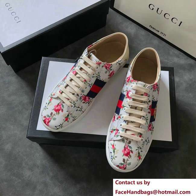 Gucci Ace Leather Low-Top Lovers Sneakers Web Embroidered Bee and Rose Print 2018