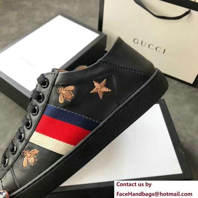 Gucci Ace Leather Low-Top Lovers Sneakers Web Embroidered Bees and Stars Black 2018 - Click Image to Close