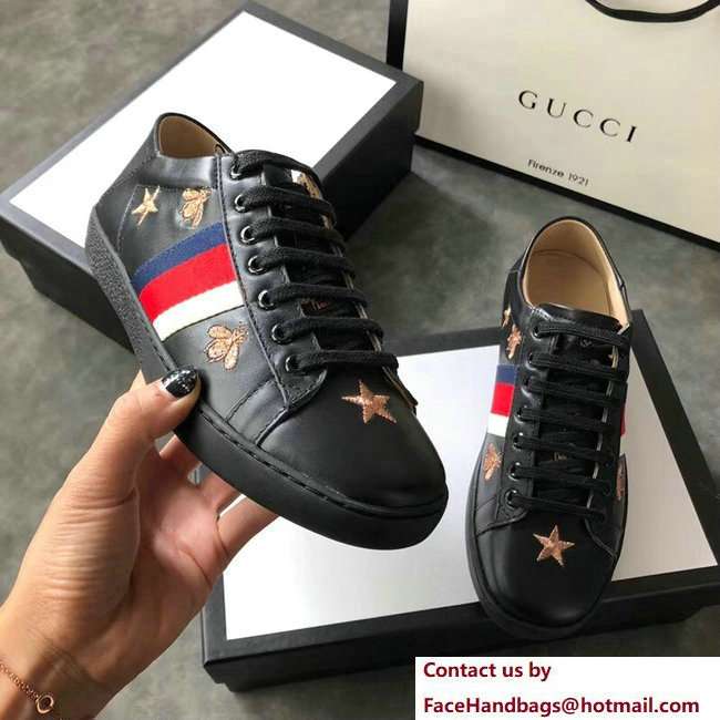 Gucci Ace Leather Low-Top Lovers Sneakers Web Embroidered Bees and Stars Black 2018