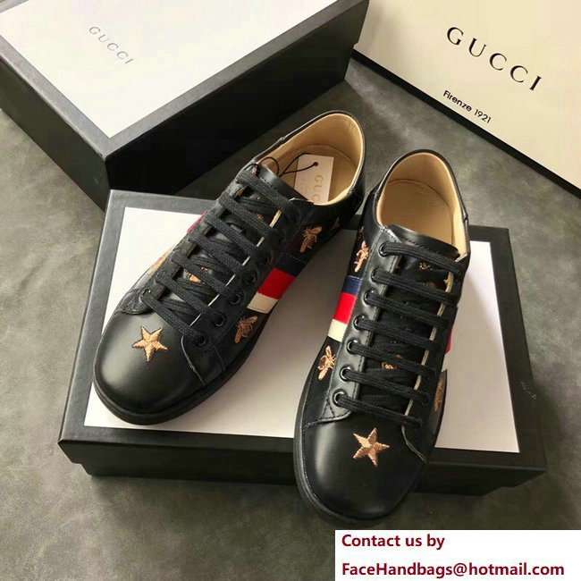 Gucci Ace Leather Low-Top Lovers Sneakers Web Embroidered Bees and Stars Black 2018 - Click Image to Close