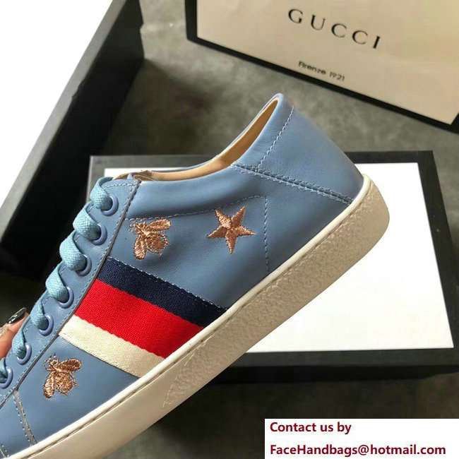 Gucci Ace Leather Low-Top Lovers Sneakers Web Embroidered Bees and Stars Blue 2018 - Click Image to Close