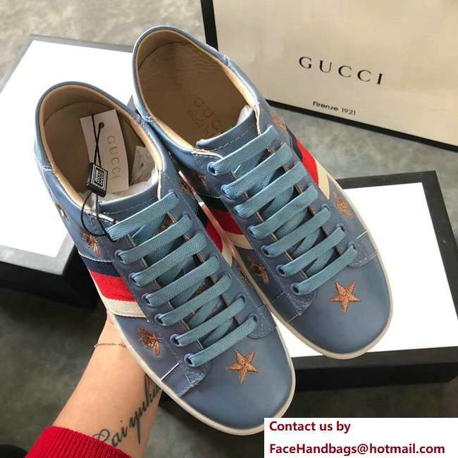 Gucci Ace Leather Low-Top Lovers Sneakers Web Embroidered Bees and Stars Blue 2018 - Click Image to Close