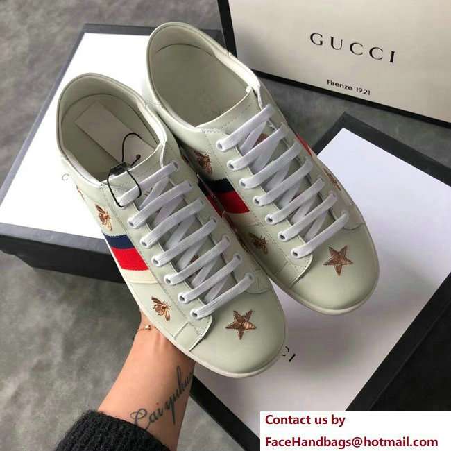 Gucci Ace Leather Low-Top Lovers Sneakers Web Embroidered Bees and Stars Creamy 2018 - Click Image to Close