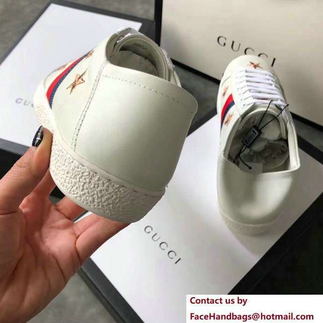Gucci Ace Leather Low-Top Lovers Sneakers Web Embroidered Bees and Stars Creamy 2018 - Click Image to Close