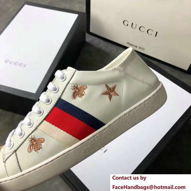 Gucci Ace Leather Low-Top Lovers Sneakers Web Embroidered Bees and Stars Creamy 2018