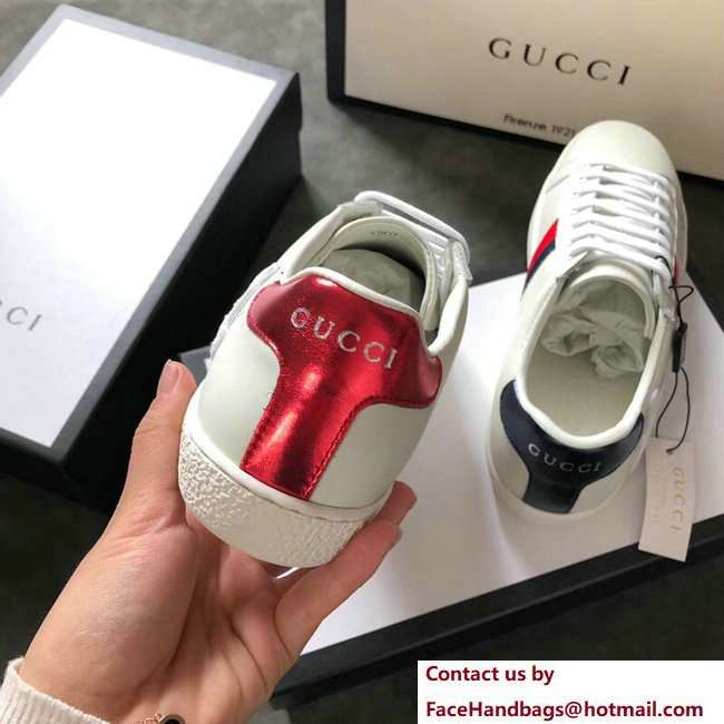 Gucci Ace Leather Low-Top Lovers Sneakers Web Embroidered Blind For Love Creamy 2018 - Click Image to Close