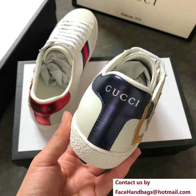 Gucci Ace Leather Low-Top Lovers Sneakers Web Embroidered Blind For Love Creamy 2018