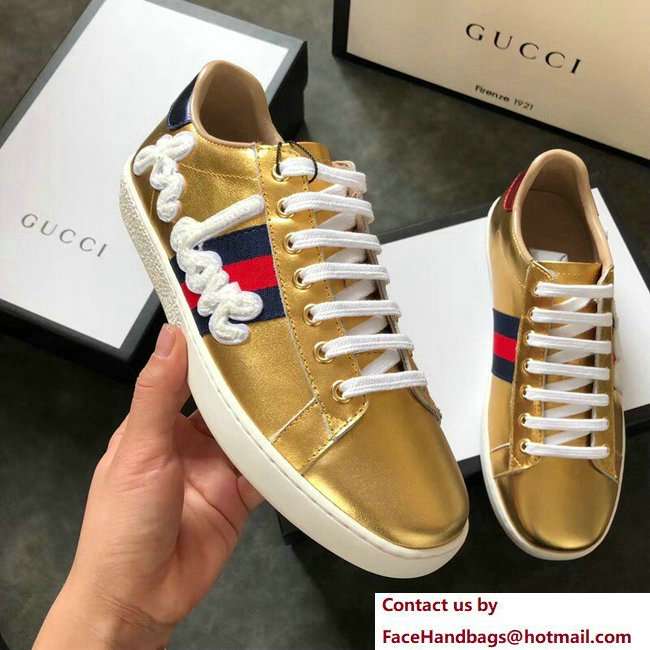 Gucci Ace Leather Low-Top Lovers Sneakers Web Embroidered Blind For Love Gold 2018 - Click Image to Close